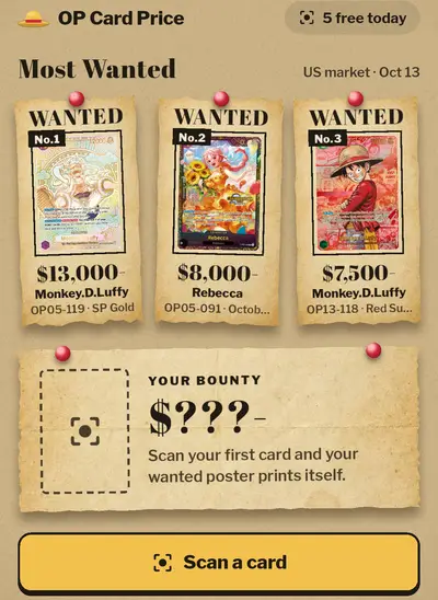 The One Piece Cards TCG Price app home screen, where the most wanted cards are pinned up like bounty posters